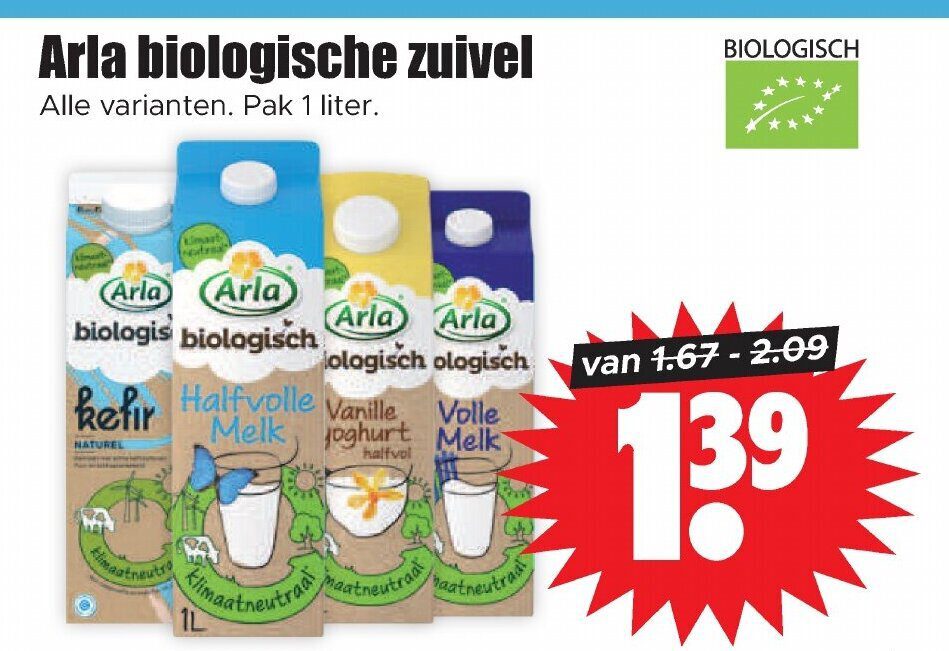 Aanbiedingen Arla biologische zuivel pak 1 liter voor  tegen de beste prijs