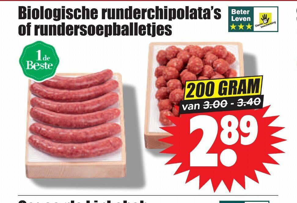 Aanbiedingen Biologische runderchipolata's of rundersoepballetjes 200 gram voor  tegen de beste prijs