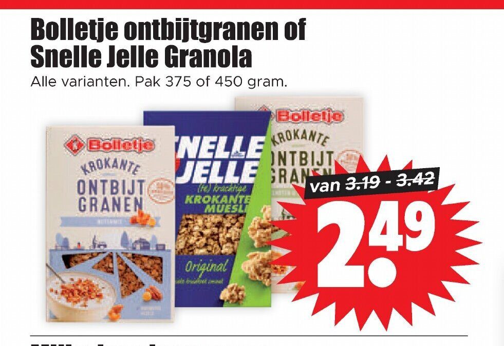 Aanbiedingen Bolletje ontbijtgranen of Snelle Jelle Granola pak 375 of 450 gram voor  tegen de beste prijs