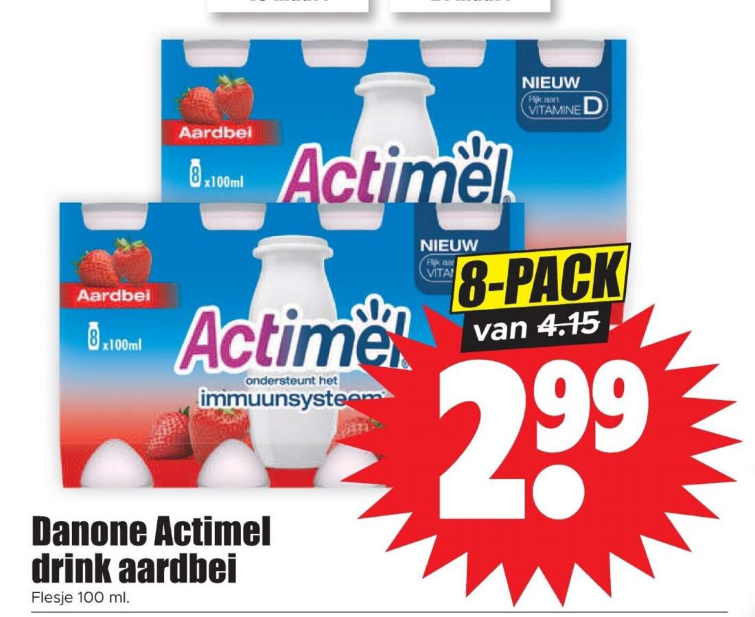 Aanbiedingen Danone Actimel drink aardbei flesje 100 ml 8-pack voor  tegen de beste prijs