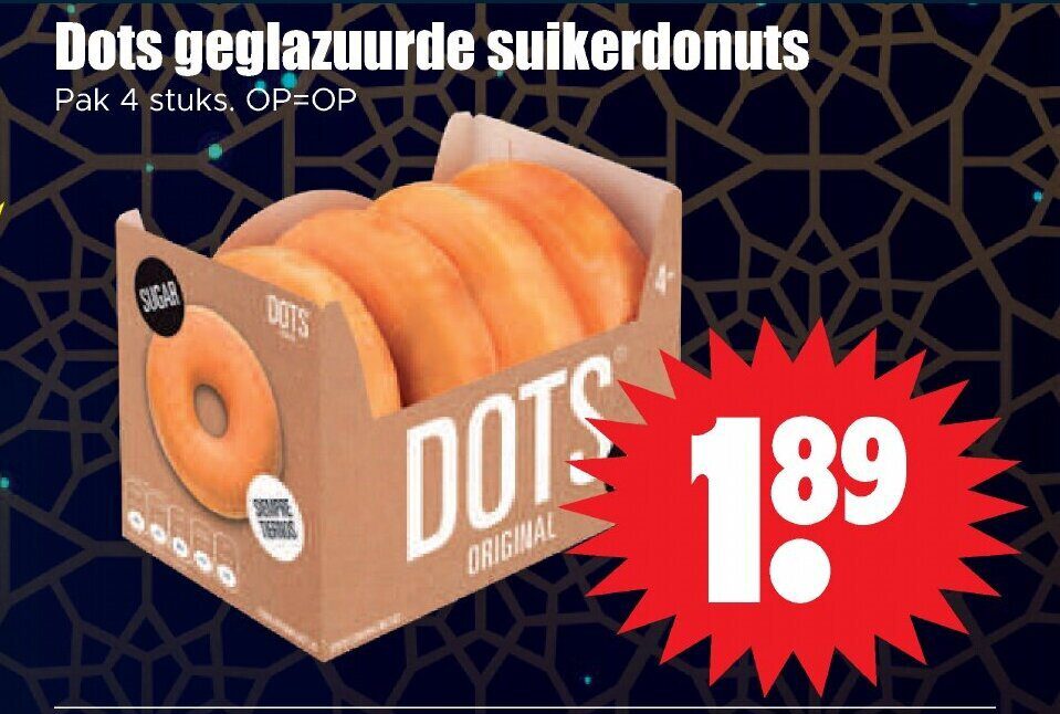 Aanbiedingen Dots geglazuurde suikerdonuts pak 4 stuks voor  tegen de beste prijs