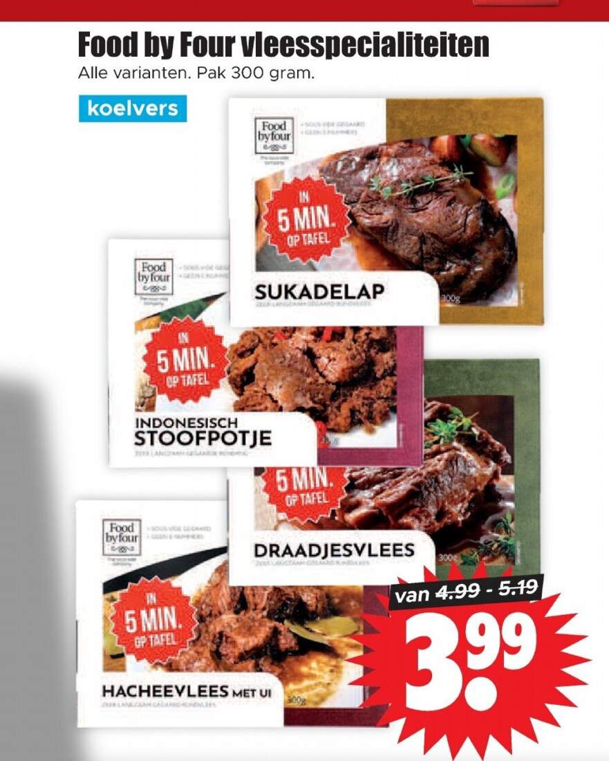 Aanbiedingen Food by Four vleesspecialiteiten pak 300 gram voor  tegen de beste prijs