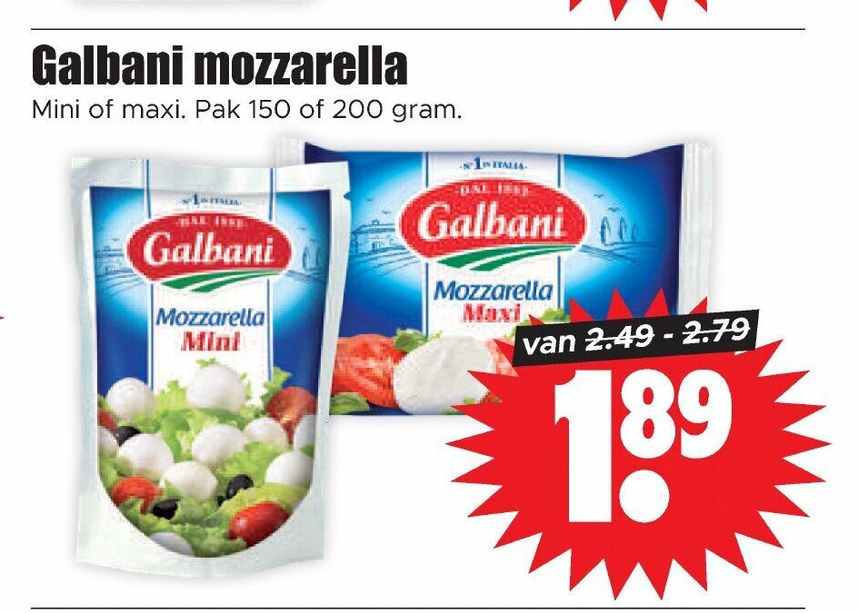 Aanbiedingen Galbani mozzarella mini of maxi pak 150 of 200 gram voor  tegen de beste prijs