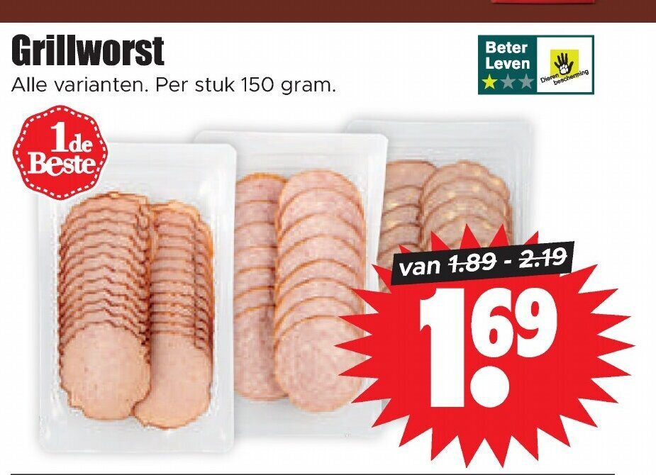 Aanbiedingen Grillworst 150 gram voor  tegen de beste prijs