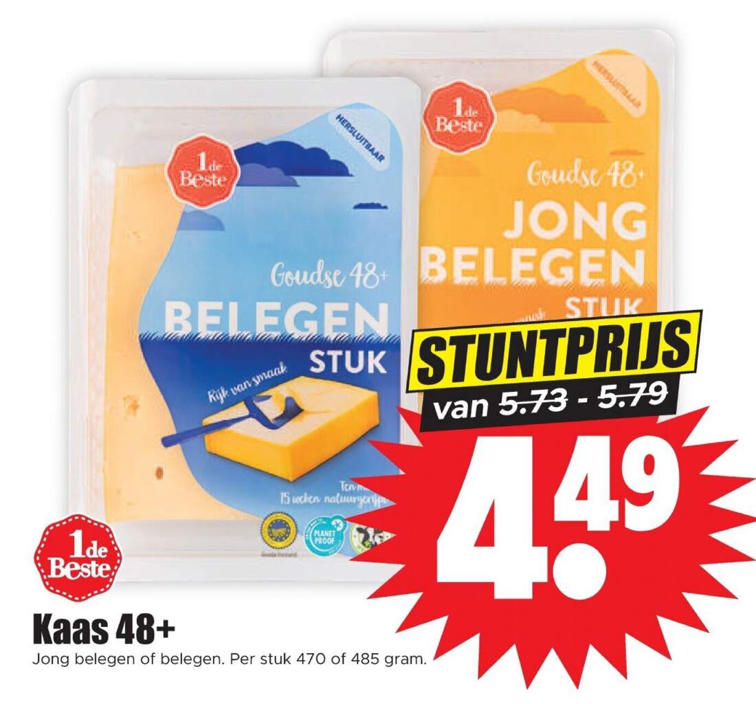 Aanbiedingen Kaas 48+ Jong belegen of belegen 470 of 485 gram voor  tegen de beste prijs