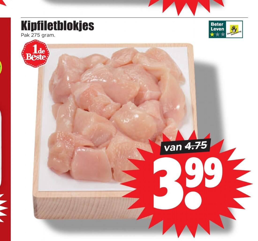 Aanbiedingen Kipfiletblokjes pak 275 gram voor  tegen de beste prijs