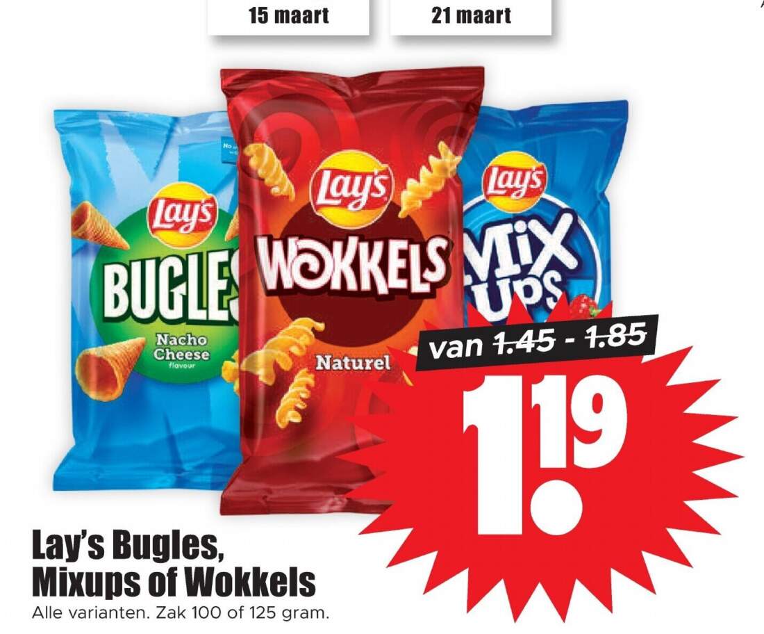 Lay's Bugles, Mixups of Wokkels zak 100 of 125 gram aanbieding