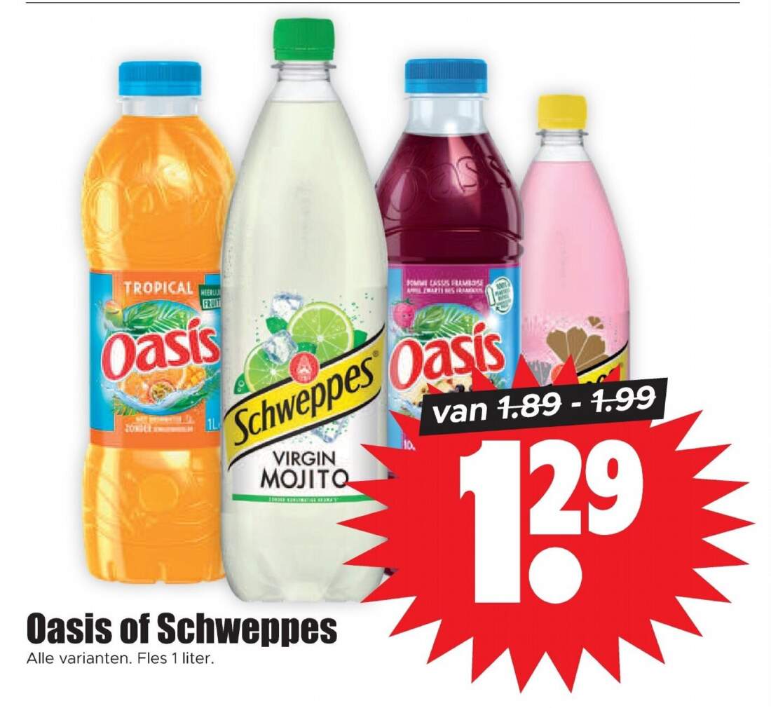 Aanbiedingen Oasis of Schweppes fles 1 liter voor  tegen de beste prijs