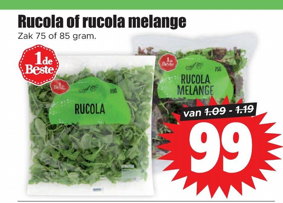 Aanbiedingen Rucola of rucola melange zak 75 of 85 gram voor  tegen de beste prijs