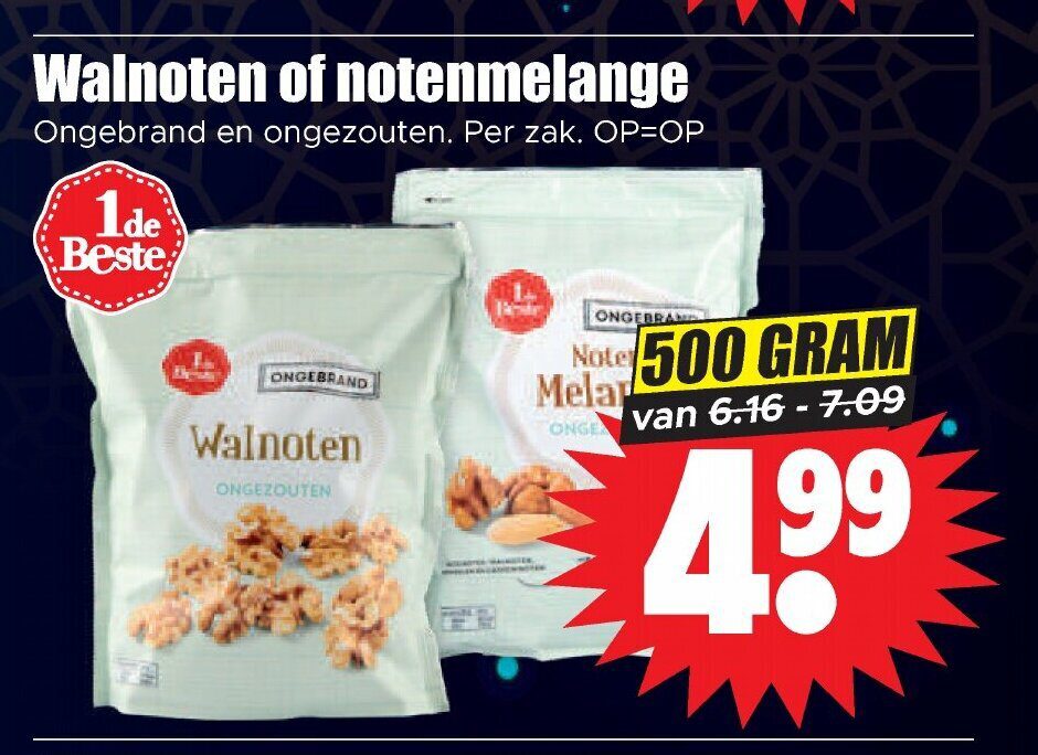 Aanbiedingen Walnoten of notenmelange 500 gram voor  tegen de beste prijs